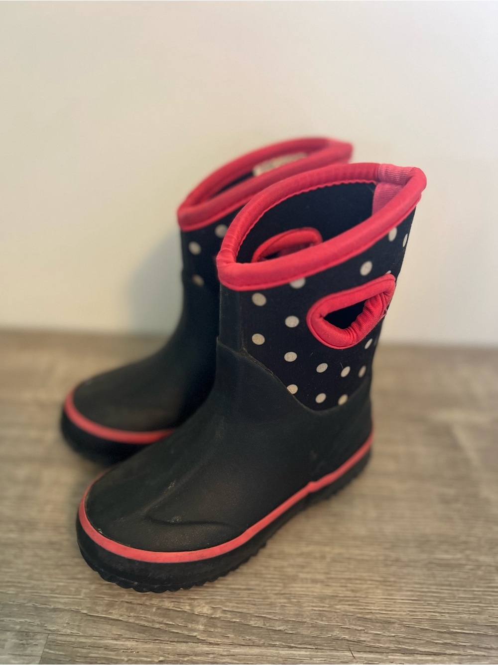 Falls Creek Black and Pink Polka Dot Kids Rain Boots